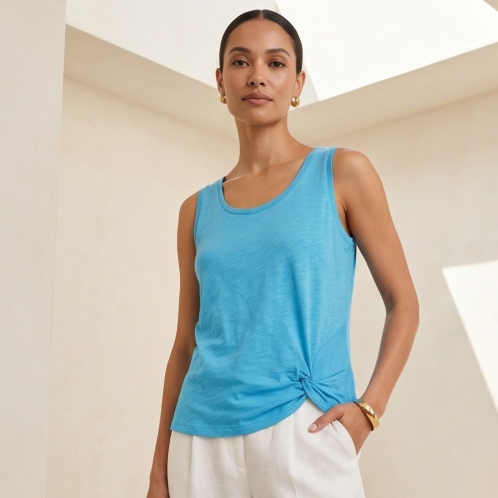 Belle by Kim Gravel 1X Sky Blue Slub Knit Twist Front Tank Top Capsule Minimal